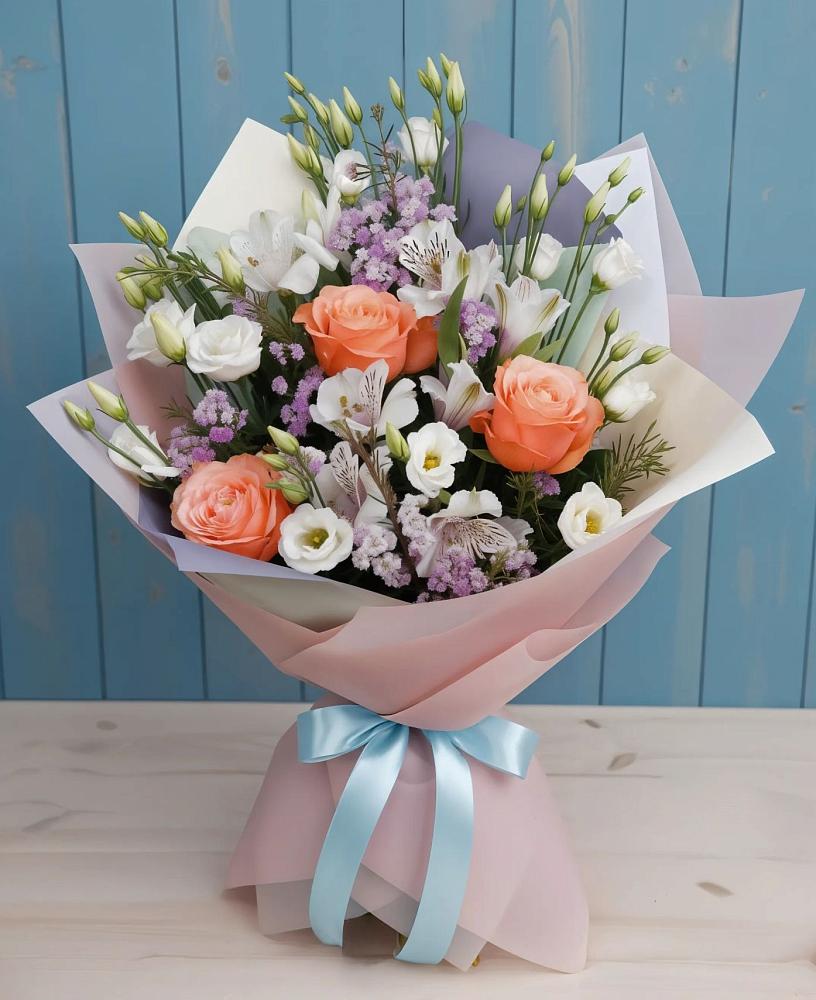 Букет цветов из: Лизиантусы, Розы, Альстромерии и Гипсофила в Балковском