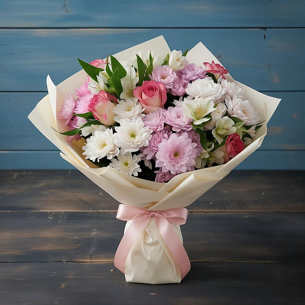 Букет цветов из: Хризантемы, Альстромерии и Розы в Балковском